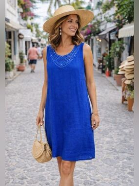Italian Linen Blue Sleeveless Dress | Crochet Neck Detail | Size 1X